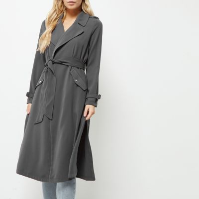 Petite grey belted duster trench coat